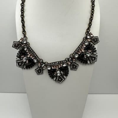 Vintage Y2K Chunky Necklace Bronze Tone Rhinestone Black Crystal Women's Jewelry