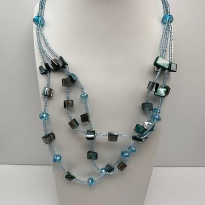 VTG 90s Teal Multi-Strand Shell Necklace Layered Bead Silver Tone Jewelry