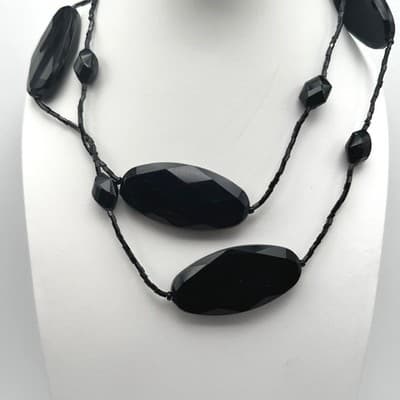 Vintage 90s Black Faceted Beaded Necklace Multi Strand Silver Tone Jewelry Boho