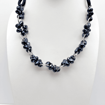 Vintage 90s Black Floral Beaded Necklace Cluster Silver Tone Women's Jewelry 90s