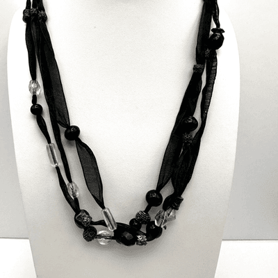 Vintage 90s Multi-Strand Black Ribbon Necklace Glass Beads Metal Womens Jewelry