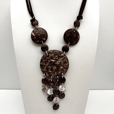 Vintage 90s Coconut Shell Mother Of Pearl Necklace Brown Suede Cord Bib Women's
