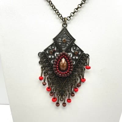 Vintage 90s Bronze Filigree Pendant Beads Necklace Rhinestone Women's Jewelry