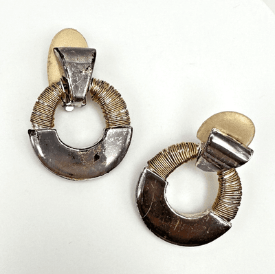 Vintage 80s Two Tone Door Knocker Clip On Earrings Wire Wrapped Women's Jewelry