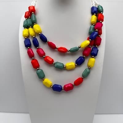 VTG 80s 90s Multicolor Geometric Resin Bead Necklace Gold Tone Women's Jewelry