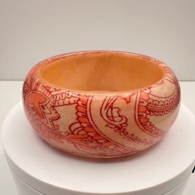 Vintage 90s Paisley Decoupage Wooden Bangle Bracelet Wide Statement Jewelry