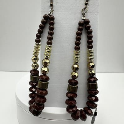 Vintage 90s Boho Brown Beaded Statement Dangle Earrings Gold Tone Large Fashion
