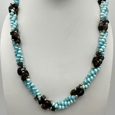 Vintage 90s Aqua Frosted Glass Beaded Layered Necklace Silver Tone Jewelry Boho