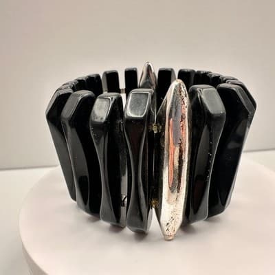 Vintage 80s 90s Black Beaded Stretch Bracelet Silver Tone Spacer Chunky Jewelry