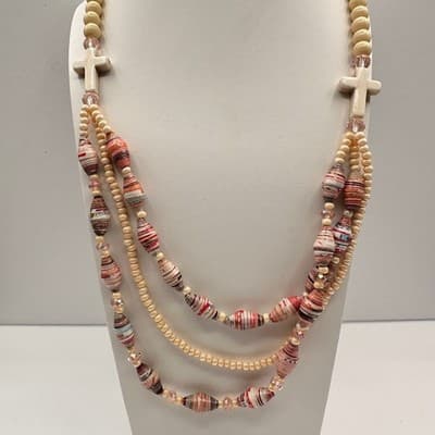 Vintage 90s Multi-Strand Necklace Paper Beads Cream Cross Religious Boho Jewelry