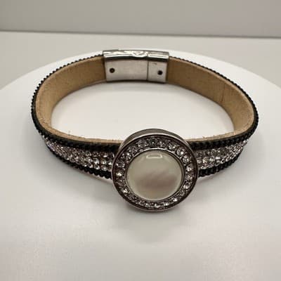 Vintage 90s Silver Tone Crystal Leather Bracelet Round Cabochon Statement