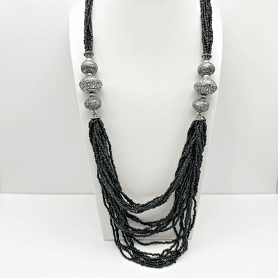 Vintage 90s Multi Strand Black Necklace Floral Beads Silver Tone Women's Jewelry