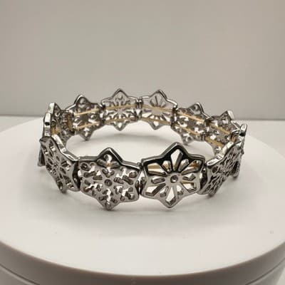Vintage Y2K Silver Tone Filigree Stretch Link Bracelet Clear Rhinestone Jewelry