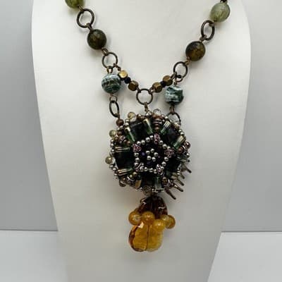 Vintage 90s Stone Bead Statement Necklace Boho Lobster Clasp Women's Jewelry