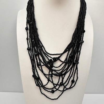 Vintage 90s Layering Black Seed & Faceted Glass Bead Cascade Necklace Jewelry
