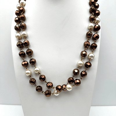 Vintage 90s White Faceted Bronze Bead Pearl Double Strand Necklace Jewelry