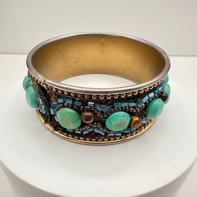 Vintage 90s Mixed Media Bangle Bracelet Turquoise Tiger Eye Glass Beaded Boho