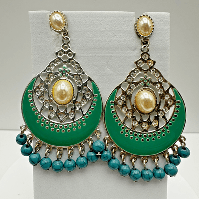 Vintage 90s Green Enamel Dangle Earrings Faux Pearl Silver Tone Women's Jewelry
