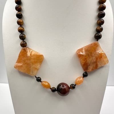 Vintage 80s Chunky Agate Tiger Stone Bead Statement Necklace Women's Jewelry Y2K