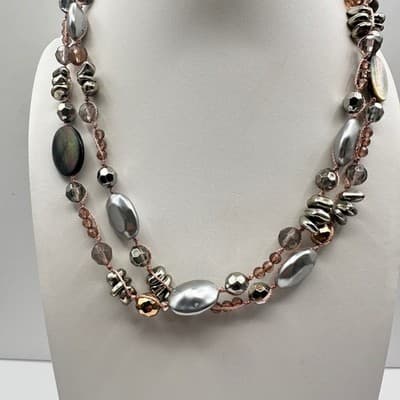 Vintage 90s Cookie Lee Multi-Strand Shell & Glass Bead Necklace Women's Jewelry