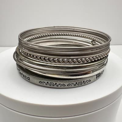 Vintage 90s Mother Teresa Quote Bangle Bracelet Set Silver Tone Hearts Jewelry