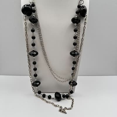 Vintage 90s Multi-Strand Silver Tone Layered Necklace Black Bead Boho Statement