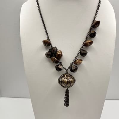 Vintage 80s Boho Statement Necklace Brown Beaded Pendant Chain Tassel Jewelry