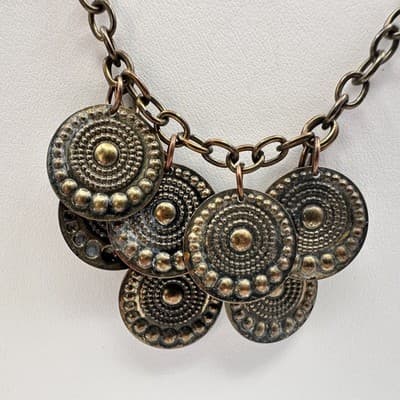 Vintage 70s Bronze Tone Tribal Coin Medallion Chain Hook Dangle Necklace Jewelry