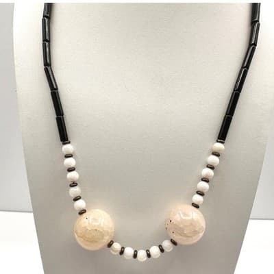 Vintage 90s Black & White Beaded Statement Necklace w Large Faceted Orbs Jewelry
