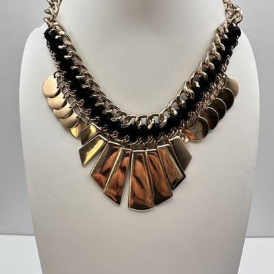 Vintage 90s Lalang Gold Tone Black Rope Chain Fringe Statement Necklace jewelry