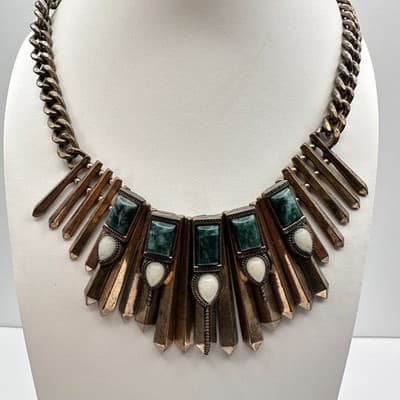 Vintage 80s Bronze Tone Egyptian Style Green White Stone Statement Necklace Y2K
