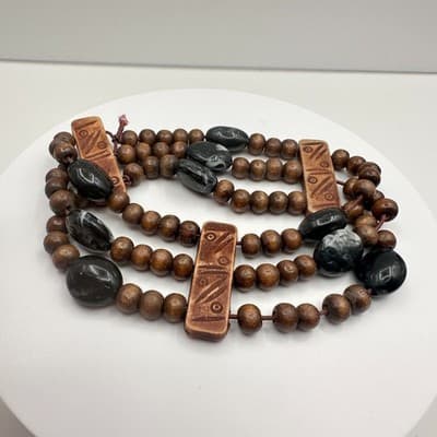 Vintage 90s Triple Strand Wood & Stone Stretch Bracelet Brown Black Earthy Boho
