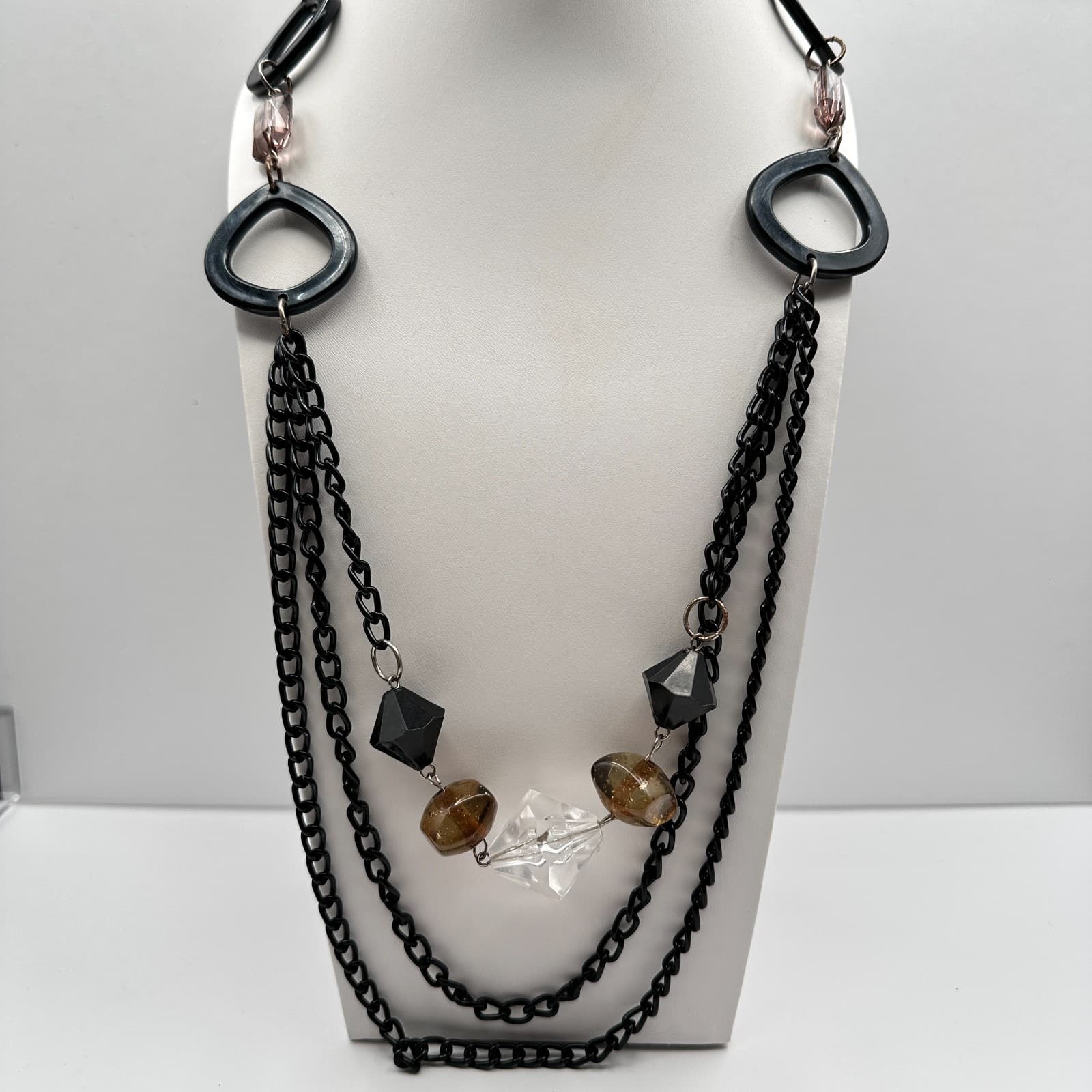 Vintage 90s Multi strand Layered Statement Necklace Black Resin Amber Clear Bead