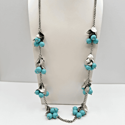 Vintage 90s Silver Tone Blue Turquoise Bead Leaf Cluster Statement Necklace Boho