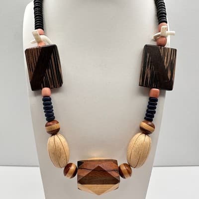 Vintage 90s Boho Chunky Wood Statement Necklace Geometric Beaded Ethnic Jewelry