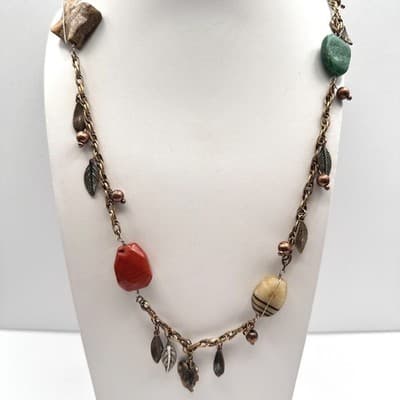 Vintage 80s Bohemian Mixed Stone & Metal Leaf Statement Choker Neckless Jewelry