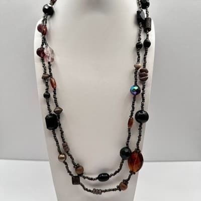 Vintage 90s Multi Strand Beaded Statement Earth Tone Necklace Women's Jewelry