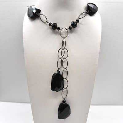 Vintage 90s Y2K Black Onyx Style Beaded Statement Lariat Silver Tone Necklace