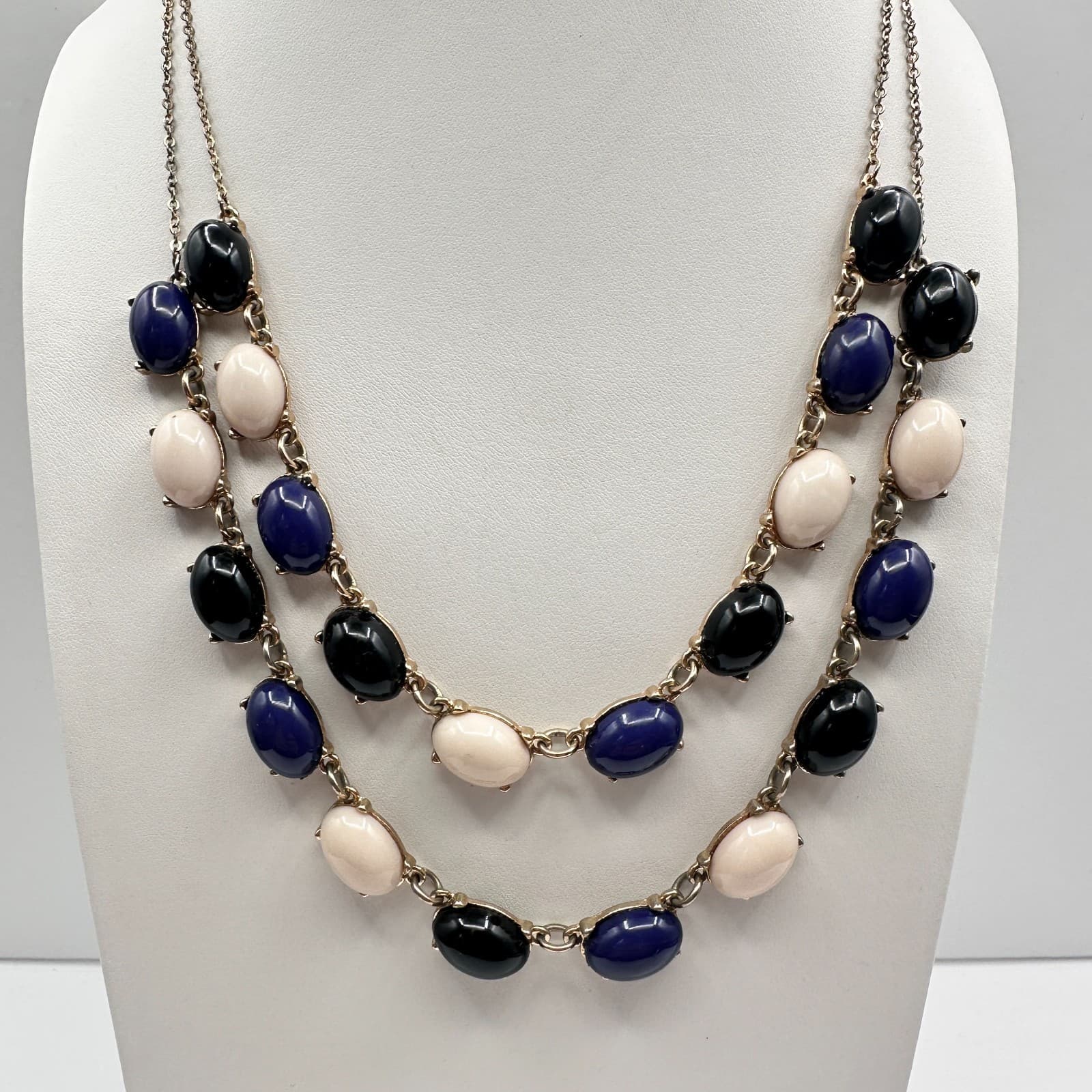 Vintage 90s Double Stand Gold Tone Cabochon Stone Necklace Retro Women's Jewelry