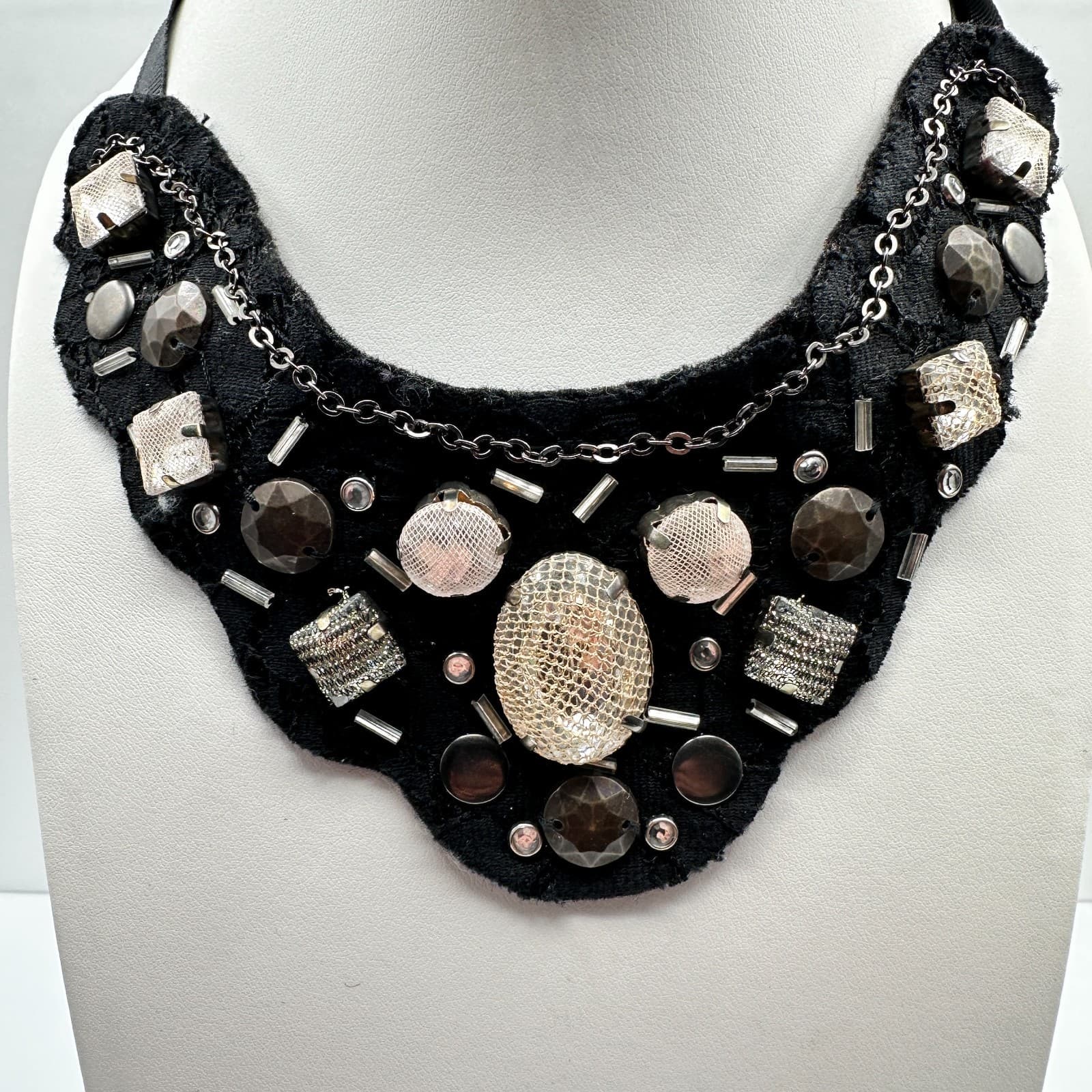 Vintage 90s Statement Bib Necklace Black Lace Ribbon Mixed Stones Womens Jewelry