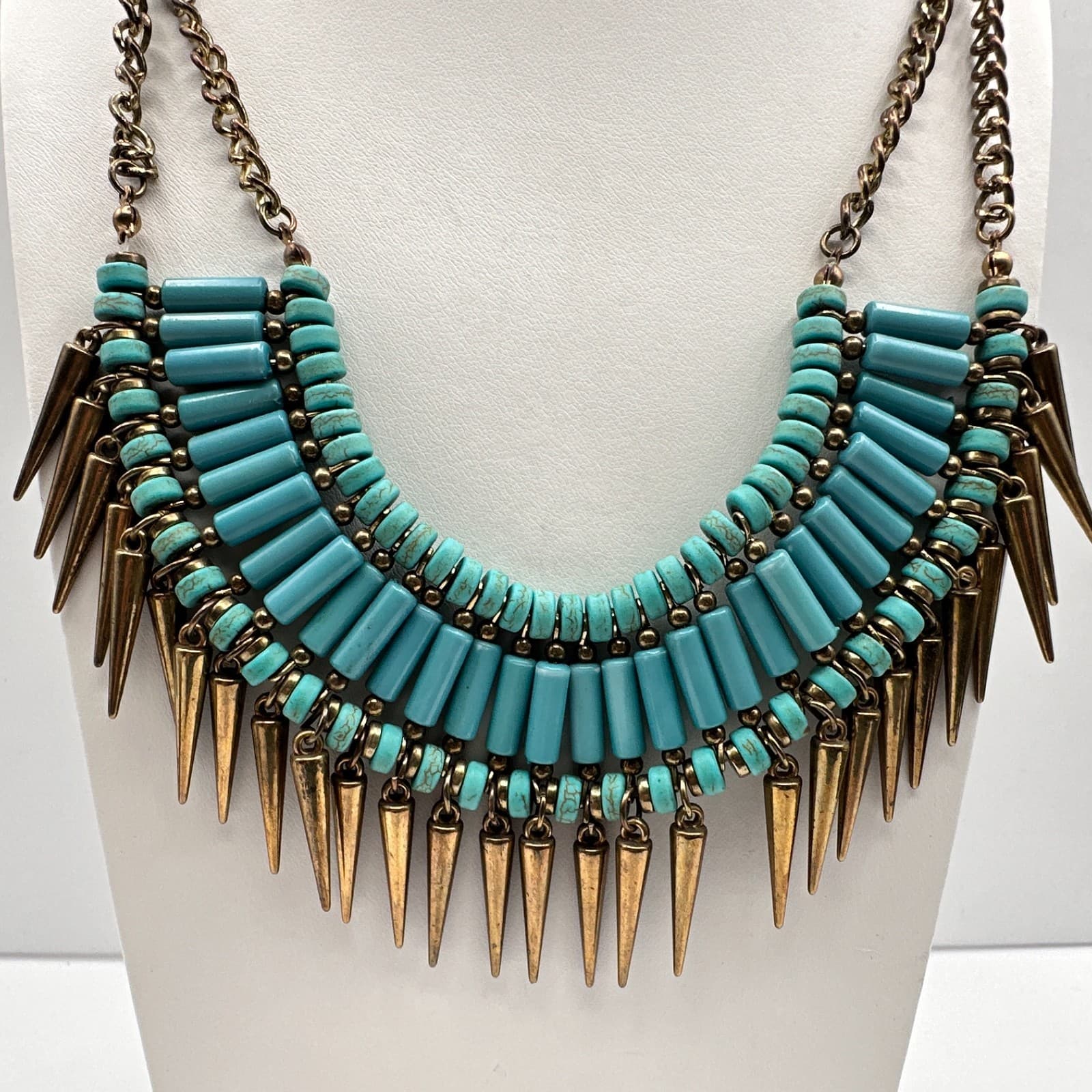 Vintage Y2K Turquoise Blue Beaded Bib Necklace Gold Spike Statement Jewelry 90s