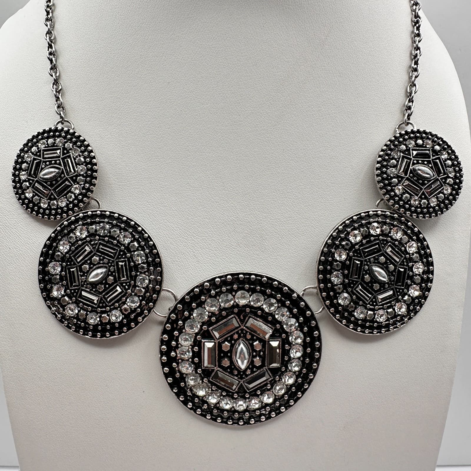 Vintage Y2K Silver Tone Geometric Medallion Statement Necklace Rhinestone Boho