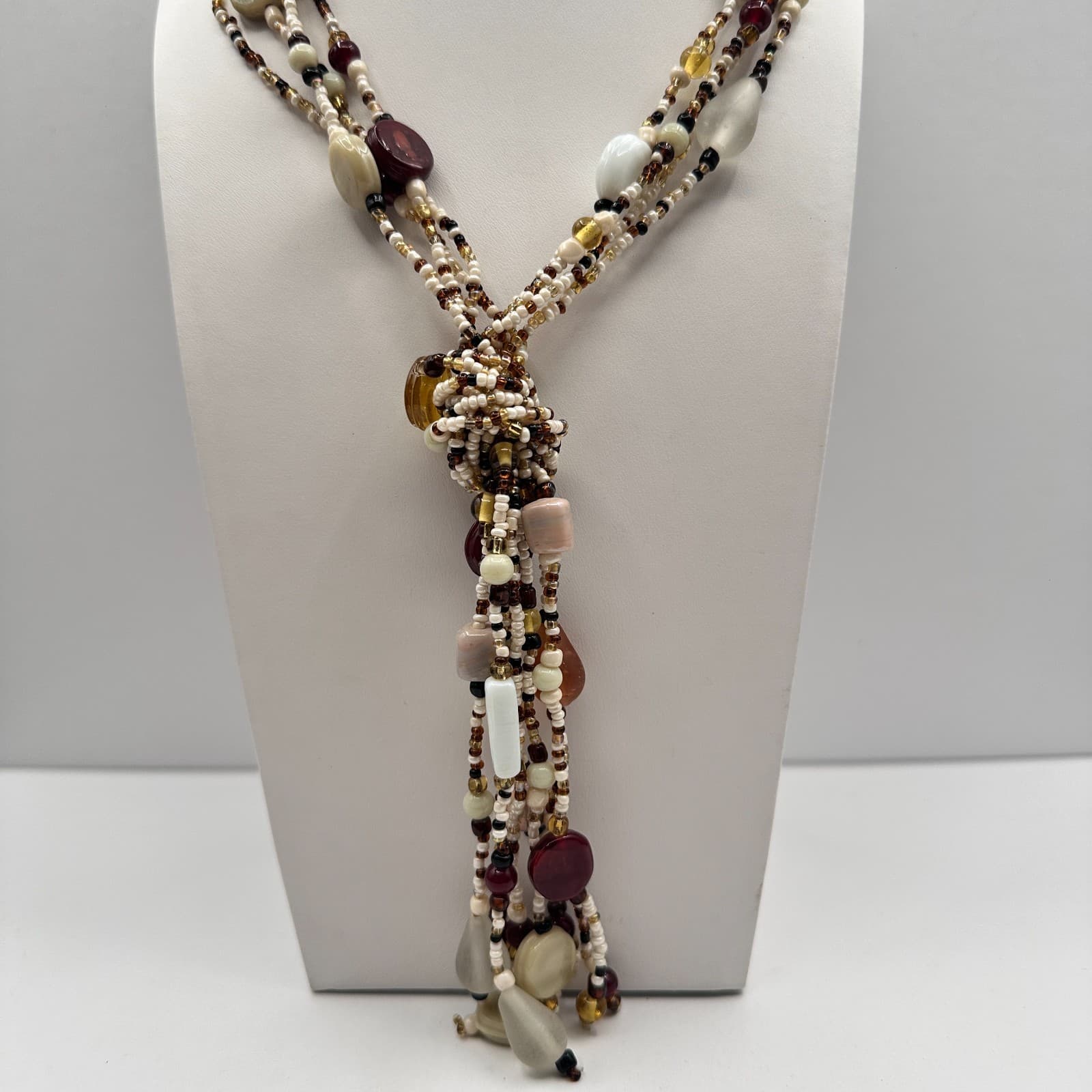 Vintage 90s Multi-Strand Beaded Dangling Tassels Necklace Boho Women's Jewelry