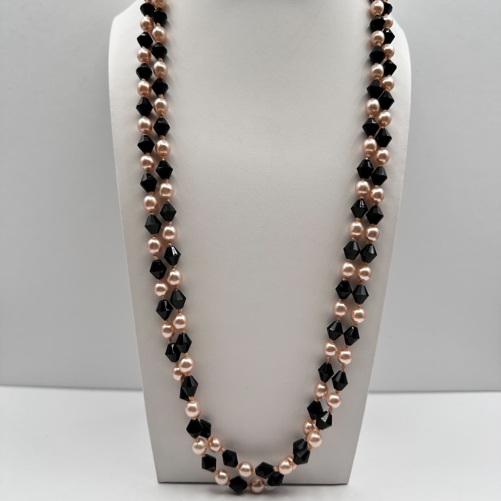 Vintage 90s Pink Faux Pearl Black Faceted Bead Double Strand Necklace Jewelry