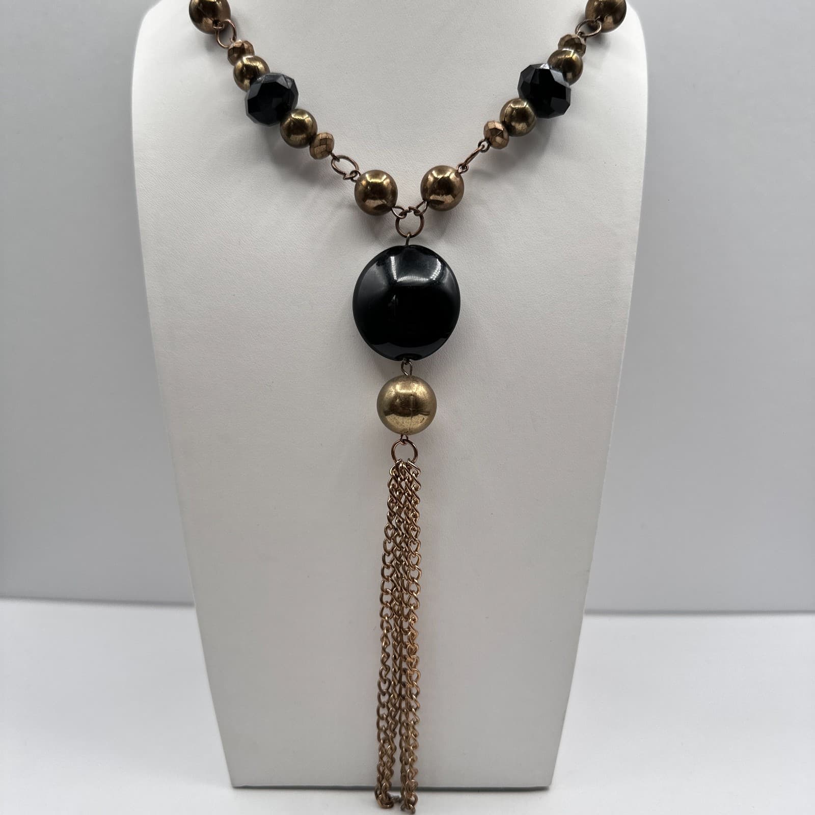 Vintage Y2K Statement Tassel Necklace Black Onyx Beads Bronze Gold Tone Jewelry