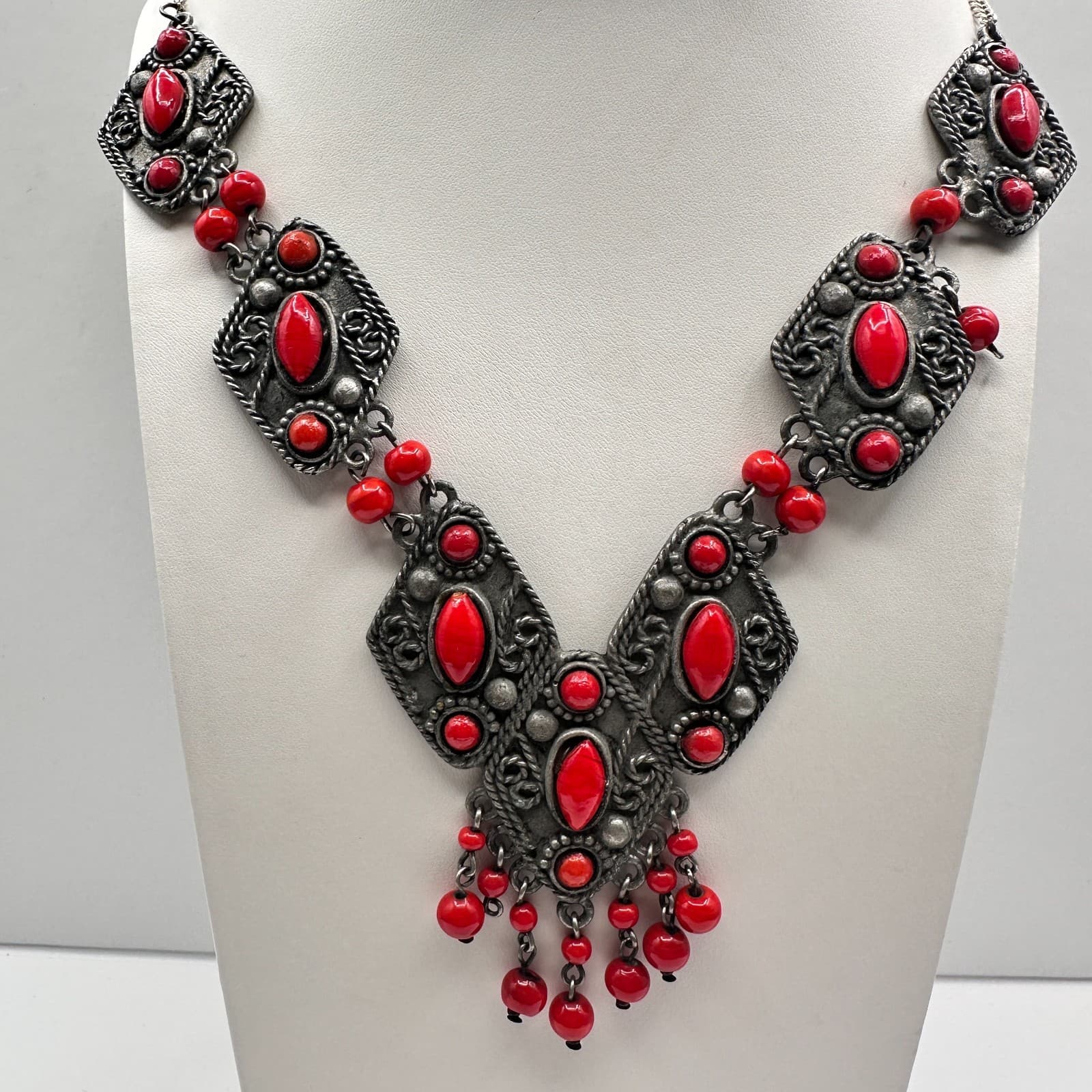 Vintage 90s Silver Tone Red Bead Statement Bib Necklace Boho Ethnic Jewelry