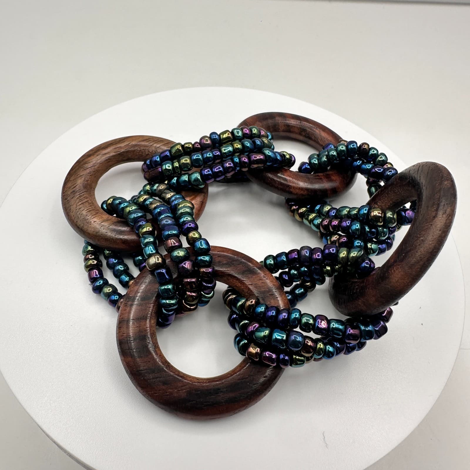 Vintage Y2K Statement Necklace Iridescent Seed Beads Wooden Rings Boho Jewelry