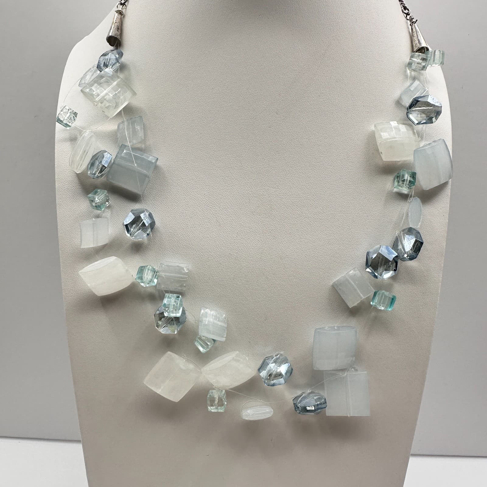Vintage Y2K Necklace Blue & White Clear Crystal Glass Beaded Statement Jewelry