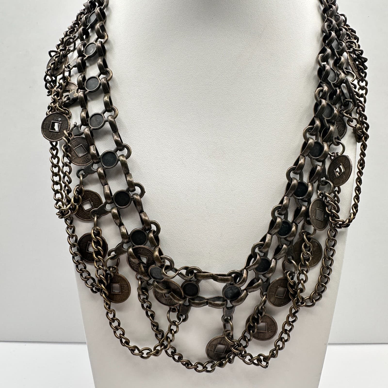 Vintage 90s Multi Layer Coin Statement Necklace Bronze Tone Boho Chunky Bib Boho