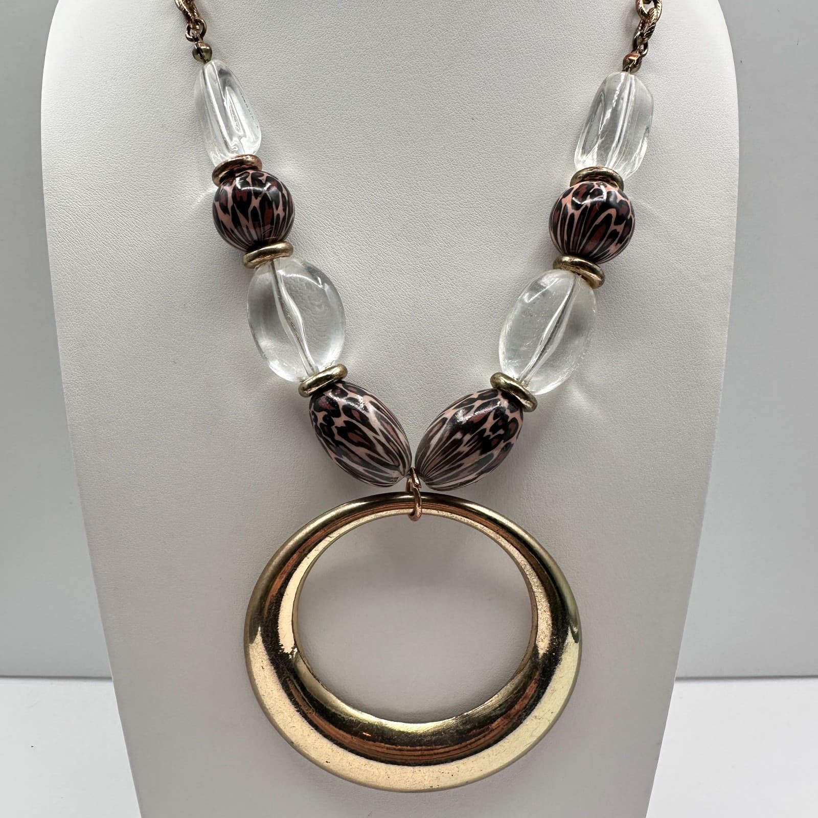 Vintage 90s Gold Tone Statement Necklace Clear Leopard Beads Large Hoop Jewelry